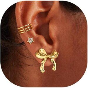 Gold Bow & Star Earring Set with Cuff Dainty Gold Earrings Gifts for Her